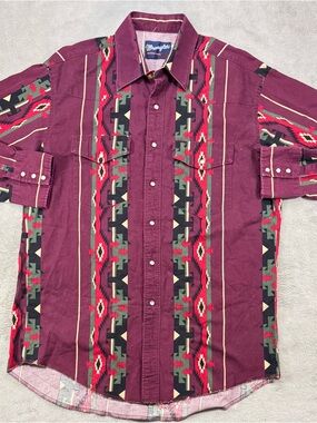 Vintage 80’s Wrangler Aztec Western Shirt Mens Large Burgundy Pearl Snap